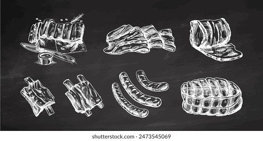 A set of hand-drawn sketches of meat pieces, bacon, ham, pork, sausage. Fresh meat products. For design of menu for restaurants, butcher shop. Vintage engraved illustration.