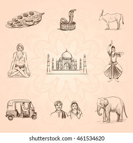 
A set of hand-drawn sketches on India . Isolated objects on a patterned background