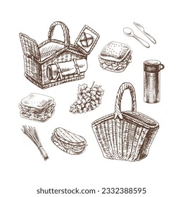 Un conjunto de bocetos hechos a mano de elementos picnicos. Para el diseño del menú de restaurantes y cafés, comida de picnic. Ilustración de la cosecha de Doodle. Imagen grabada.