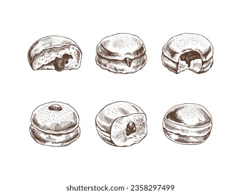 A set of hand-drawn sketches of a traditional German or Polish donut with jam, dusted. Vintage illustration. Pastry sweets, dessert. Element for the design of labels, packaging and postcards.