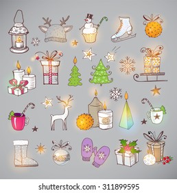 Set of hand-drawn sketchy christmas elements. Doodle sketch vector illustration. Candles, gift boxes, pomanders