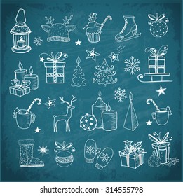 Set of hand-drawn sketchy christmas elements on blackboard. Doodle sketch vector illustration. Candles, gift boxes, pomanders