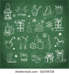 Set of hand-drawn sketchy christmas elements. Doodle sketch vector illustration. Candles, gift boxes, pomanders