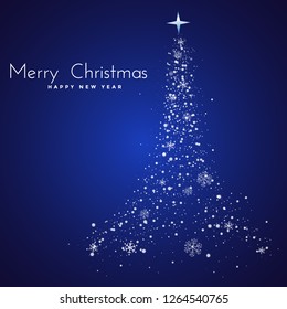 Set of hand-drawn sketchy Christmas snowflakes and stars in the shape of a Christmas tree vector illustration of calligraphy decoration Merry Christmas and Happy New Year, shiny Christmas tree
