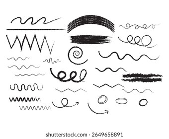 Set van met de hand getekende schetsmatige lijnen, kronkelingen, wervelingen en pijlen in verschillende stijlen. Perfect voor creatief ontwerp, hoogtepunten, doodles, notities of digitale decoratie.