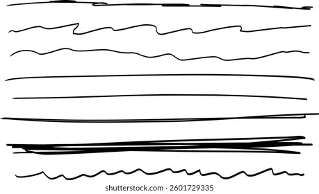 Set of hand-drawn sketchy lines with various shapes, including wavy, zigzag, and straight strokes. Minimalistic and artistic brush strokes isolated on a white background
