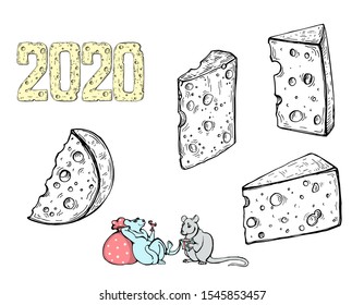 Set of hand-drawn slices of cheese, two funny painted rats and numbers 2020 made from cheese.