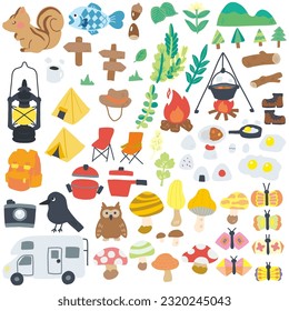 Set of hand-drawn small color illustrations of camp-inspired items