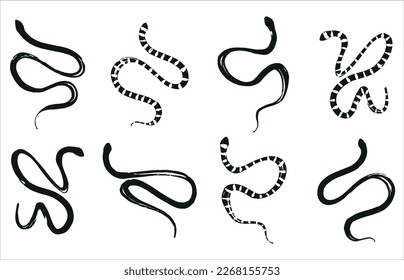 A set of hand-drawn snakes in black and white graphics. Reptiles for any design. Vector snakes in a minimalistic style.