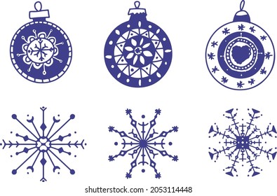 A set of hand-drawn snowflakes and Christmas tree decorations.Hand drawn cute print for posters, cards, t-shirts.