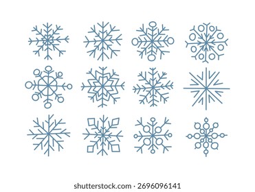 Um conjunto de flocos de neve desenhados à mão sobre um fundo branco. Elementos de decoração de Natal. Símbolo de Ano Novo. Elementos de inverno.