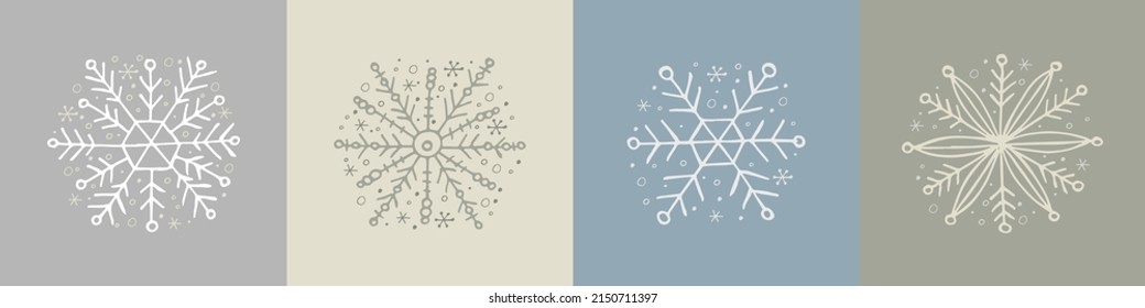 A set of hand-drawn snowflakes. Vector illustration in doodle style. Winter mood. Hello 2023. Merry Christmas and Happy New Year. White and gray elements on a gray background.