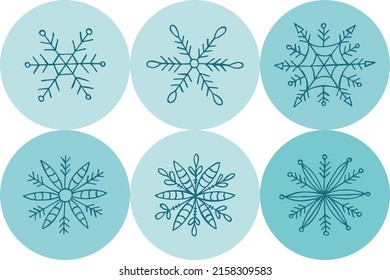 A set of hand-drawn snowflakes. Vector illustration in doodle style. Winter mood. Hello 2023. Merry Christmas and Happy New Year. Blue elements on a light blue background.