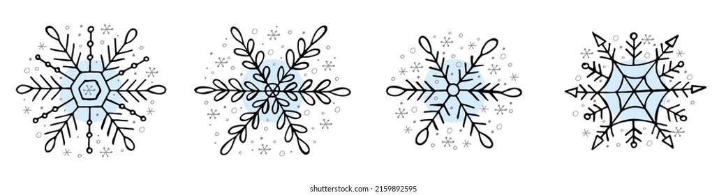 A set of hand-drawn snowflakes. Vector illustration in doodle style. Winter mood. Hello 2023. Merry Christmas and Happy New Year. Black and light blue elements on a white background.