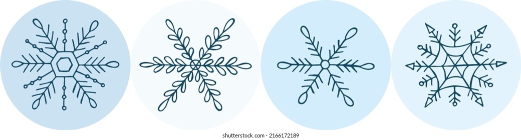 A set of hand-drawn snowflakes. Vector illustration in doodle style. Winter mood. Hello 2023. Merry Christmas and Happy New Year. Blue elements on a light blue background.