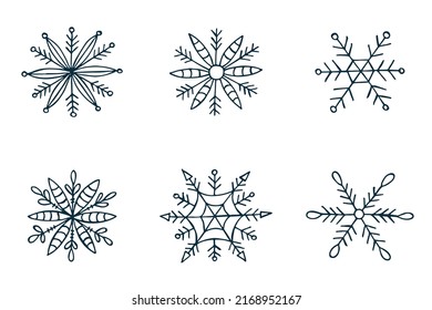 A set of hand-drawn snowflakes. Vector illustration in doodle style. Winter mood. Hello 2023. Merry Christmas and Happy New Year. Dark blue elements on a white background.