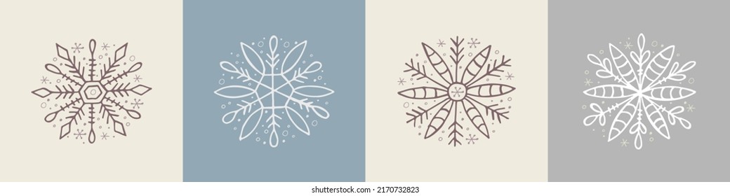 Un conjunto de copos de nieve dibujados a mano. Ilustración vectorial en estilo doodle. Ánimo de invierno. Hola 2023. Feliz Navidad y Feliz Año Nuevo. Elementos blancos y grises sobre un fondo gris.