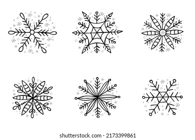 A set of hand-drawn snowflakes. Vector illustration in doodle style. Winter mood. Hello 2023. Merry Christmas and Happy New Year. Black and gray elements on a white background.