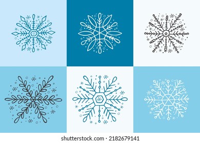 A set of hand-drawn snowflakes. Vector illustration in doodle style. Winter mood. Hello 2023. Merry Christmas and Happy New Year. White, blue and gray elements on a light blue background.