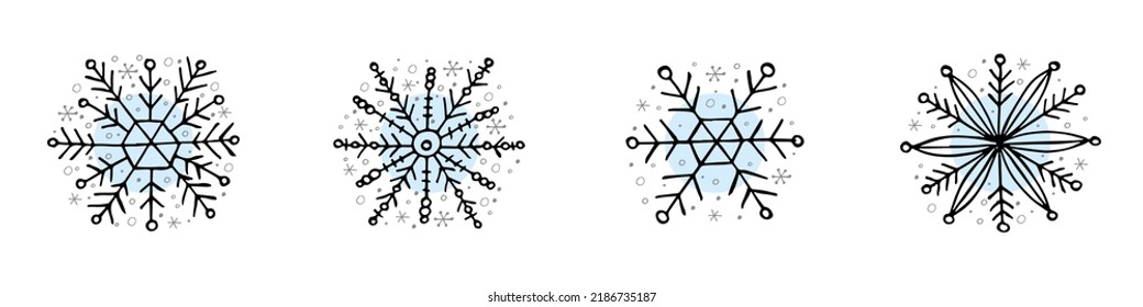 A set of hand-drawn snowflakes. Vector illustration in doodle style. Winter mood. Hello 2023. Merry Christmas and Happy New Year. Black and light blue elements on a white background.