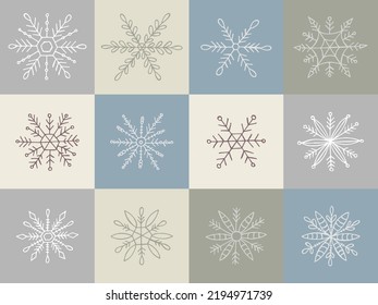 A set of hand-drawn snowflakes. Vector illustration in doodle style. Winter mood. Hello 2023. Merry Christmas and Happy New Year. Gray and white elements on a gray background.