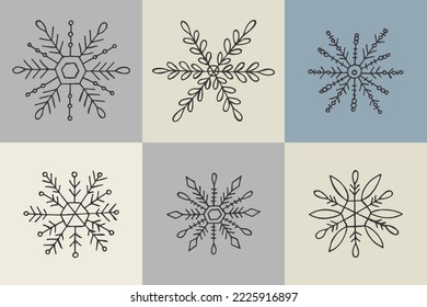 A set of hand-drawn snowflakes. Vector illustration in doodle style. Winter mood. Hello 2023. Merry Christmas and Happy New Year. Gray elements on a gray background.