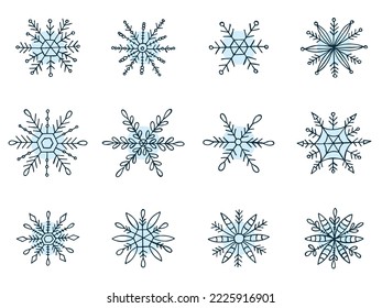 A set of hand-drawn snowflakes. Vector illustration in doodle style. Winter mood. Hello 2023. Merry Christmas and Happy New Year. Blue elements on a white background.