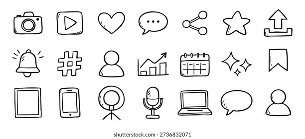 Set of hand-drawn social media and digital marketing icons in a doodle style, featuring camera, play, heart, and various communication symbols.