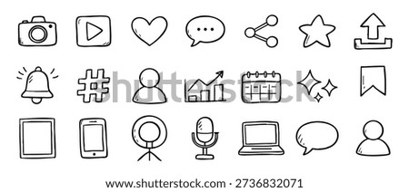 Set of hand-drawn social media and digital marketing icons in a doodle style, featuring camera, play, heart, and various communication symbols.