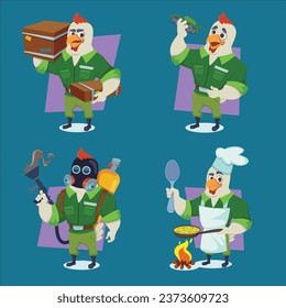 set handdrawn soldier eagles holding toy tank carrying boxes cooking campfire holding gas weapon vector design illustration