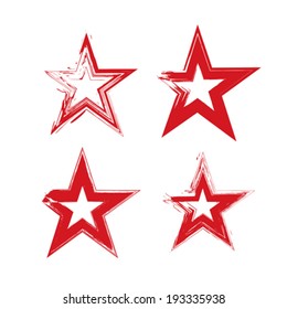 Set of hand-drawn soviet red star icons scanned and vectorized, collection of brush drawing communistic stars, hand-painted USSR symbol isolated on white background.