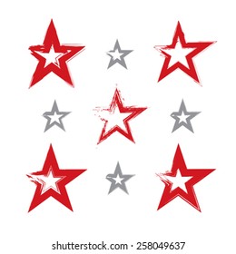 Set of hand-drawn soviet red star icons scanned and vectorized, collection of brush drawing communistic stars, hand-painted USSR symbol isolated on white background.