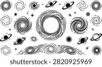 Set of handdrawn space elements, galaxies, planets, and stars transparent background