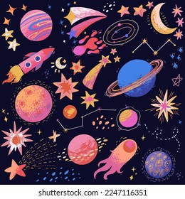 Set of hand-drawn space elements, planets, stars, comets, constellations 