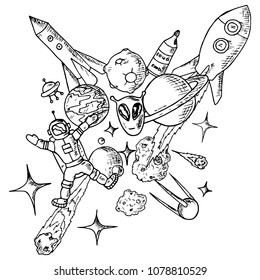 Set of hand-drawn space illustrations. Cartoon doodles on a white background. Vector sketches. All objects are separate.