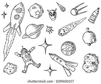 Set of hand-drawn space illustrations. Vector cartoon icons. 
