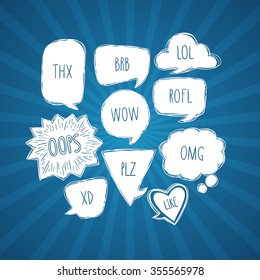 Set of hand-drawn speech bubble acronyms. Internet, cartoon  or comic chat vector illustrations.