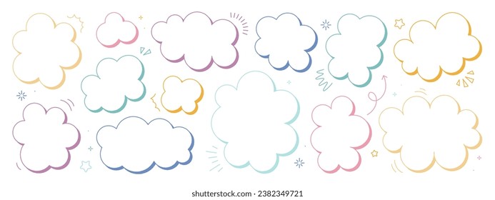 Set of hand-drawn speech bubbles. Colored vector chat speech or dialogue. There are icons such as arrows, dots, and sparkles. 