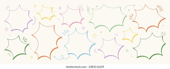 Set of hand-drawn speech bubbles. Colored vector chat speech or dialogue. There are icons such as arrows, dots, and sparkles. 