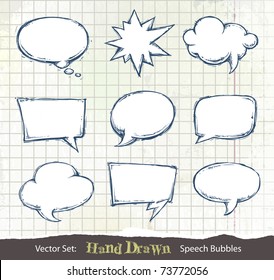Set of hand-drawn speech bubbles on dirty sketchbook background. Layered. Vector EPS 10 illustration.