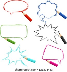 Set of hand-drawn speech bubbles with pencils.