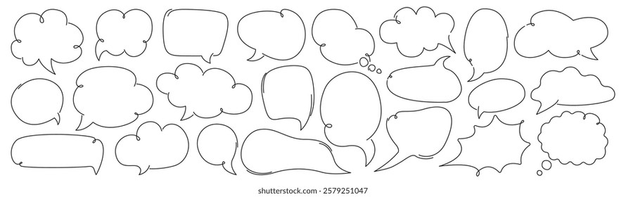 Set of hand-drawn speech bubbles. Talk bubble. Blank empty chatting box, message box. Vector line art with editable stroke