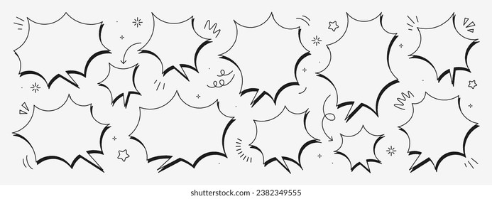 Set of hand-drawn speech bubbles. There are icons such as arrows, dots, and sparkles. Vector chat speech or dialogue.