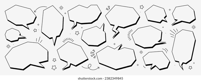 Set of hand-drawn speech bubbles. There are icons such as arrows, dots, and sparkles. Vector chat speech or dialogue.