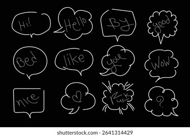 Set of Hand-Drawn Speech Bubbles with Various Phrases.