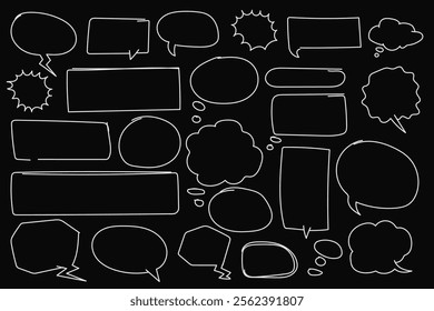 A set of hand-drawn speech bubbles with white specs on a black background, featuring doodle and sketch styles. 