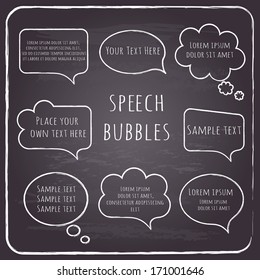 Set of hand-drawn speech and thought bubbles with sample text  on chalkboard background. Vector illustration. 