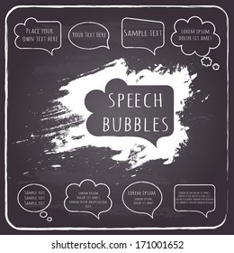 Set of hand-drawn speech and thought bubbles with sample text  on chalkboard background. Vector illustration. 