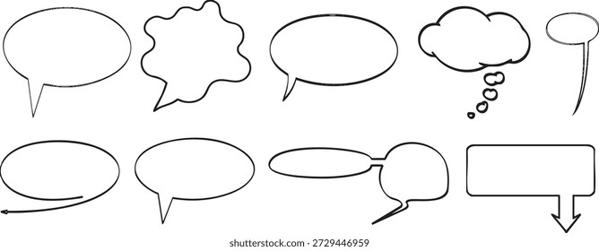 Conjunto de balões de fala e pensamento desenhados à mão em estilo de contorno simples. Balões de diálogo de desenhos animados em várias formas para conceitos de texto e comunicação. Ideal para quadrinhos, apresentações, infográficos, adesivos, planilhas e projetos de design criativo.