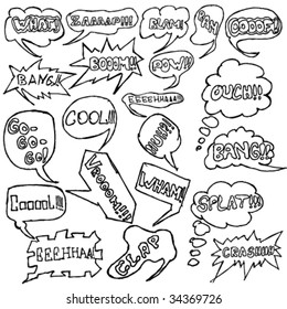 Set of hand-drawn speech and thought vector bubbles with comic book phrases